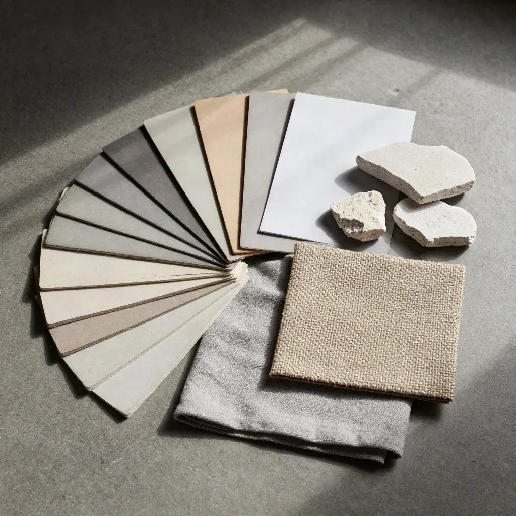 Flat lay dall’alto del kit colori e materie con swatch, intonaci, lino e pietra su fondo in cemento.