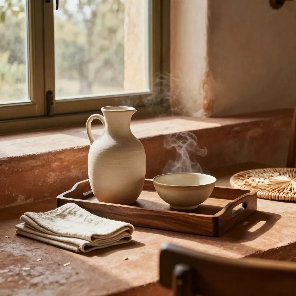 Vassoio agriturismo con caraffa in ceramica, lino e seduta in vimini in luce mattutina.