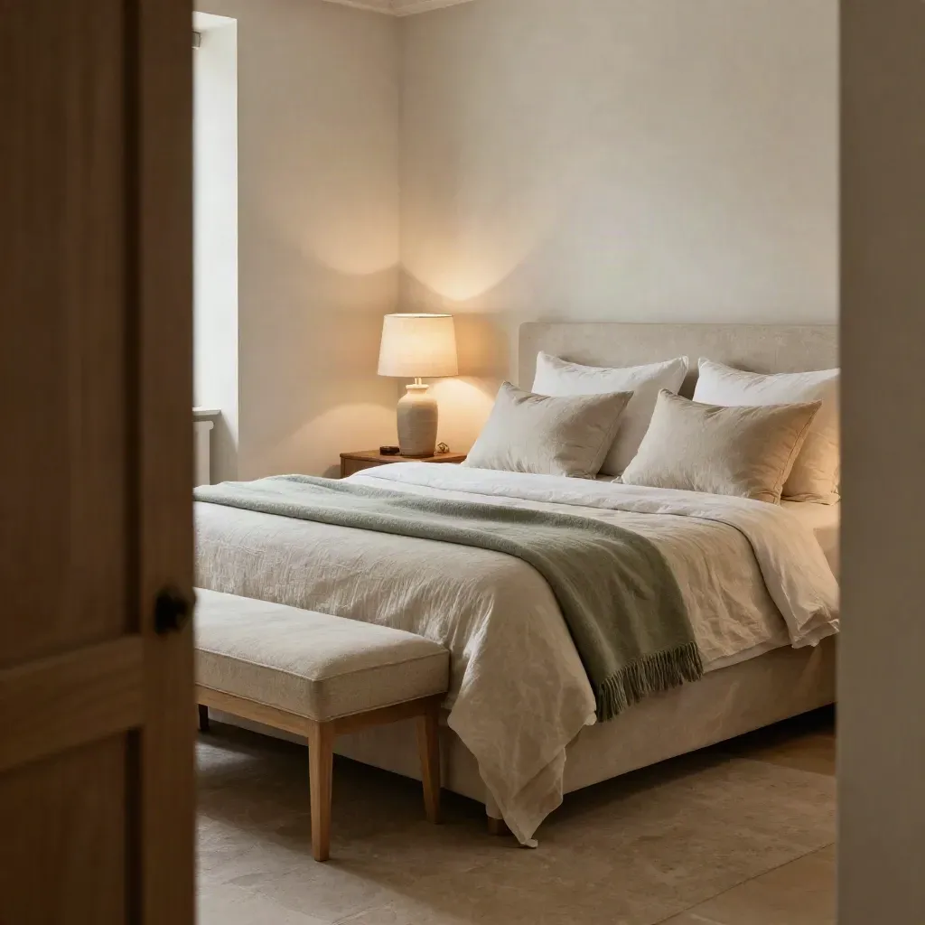 Camera ospiti elegante con letto rifatto, cuscini in lino, abat-jour calde e panca imbottita.