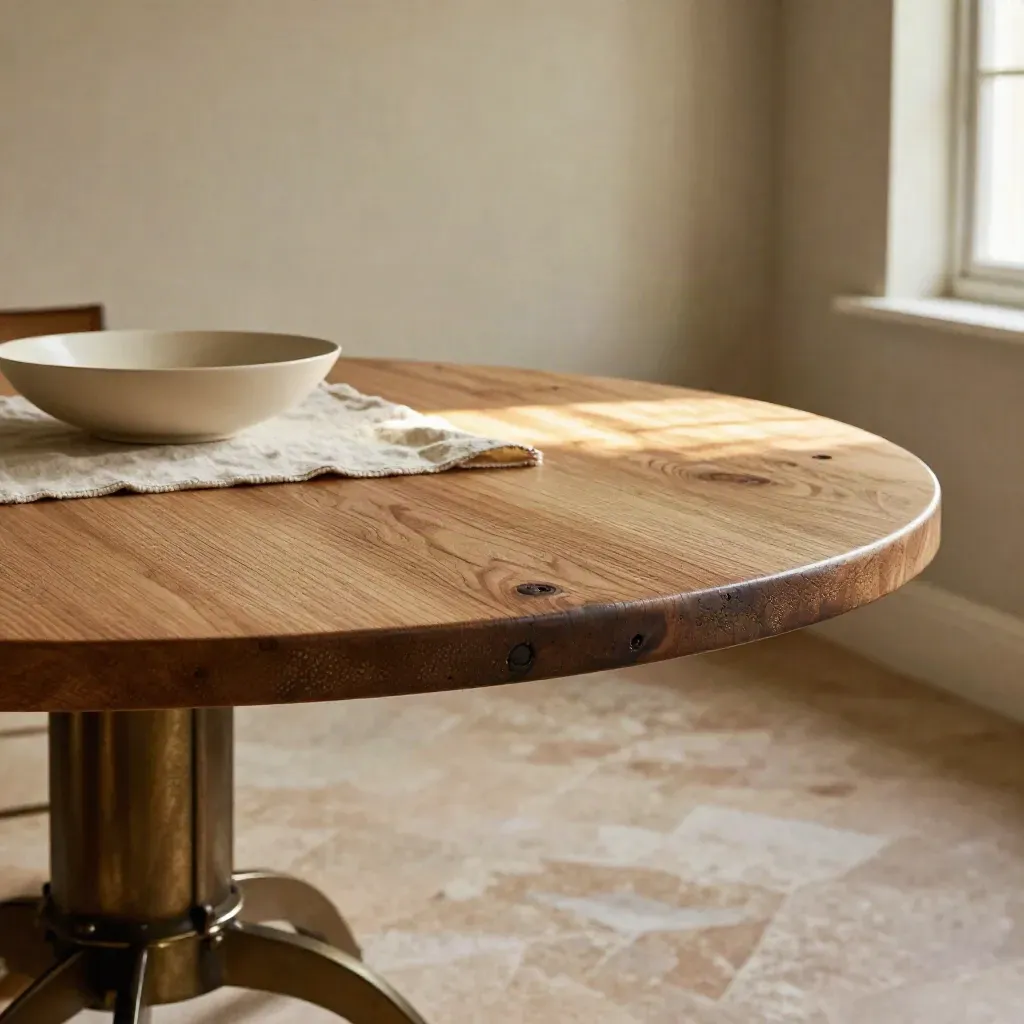 Tavolo in rovere e ferro con runner in lino e ciotola ceramica, luce calda laterale