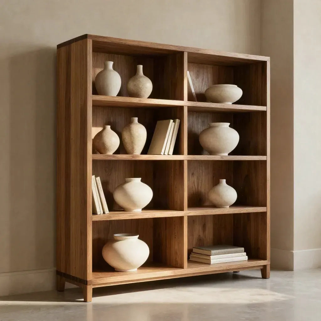 Libreria su misura in rovere con ceramiche neutre e libri, luce laterale soffusa.