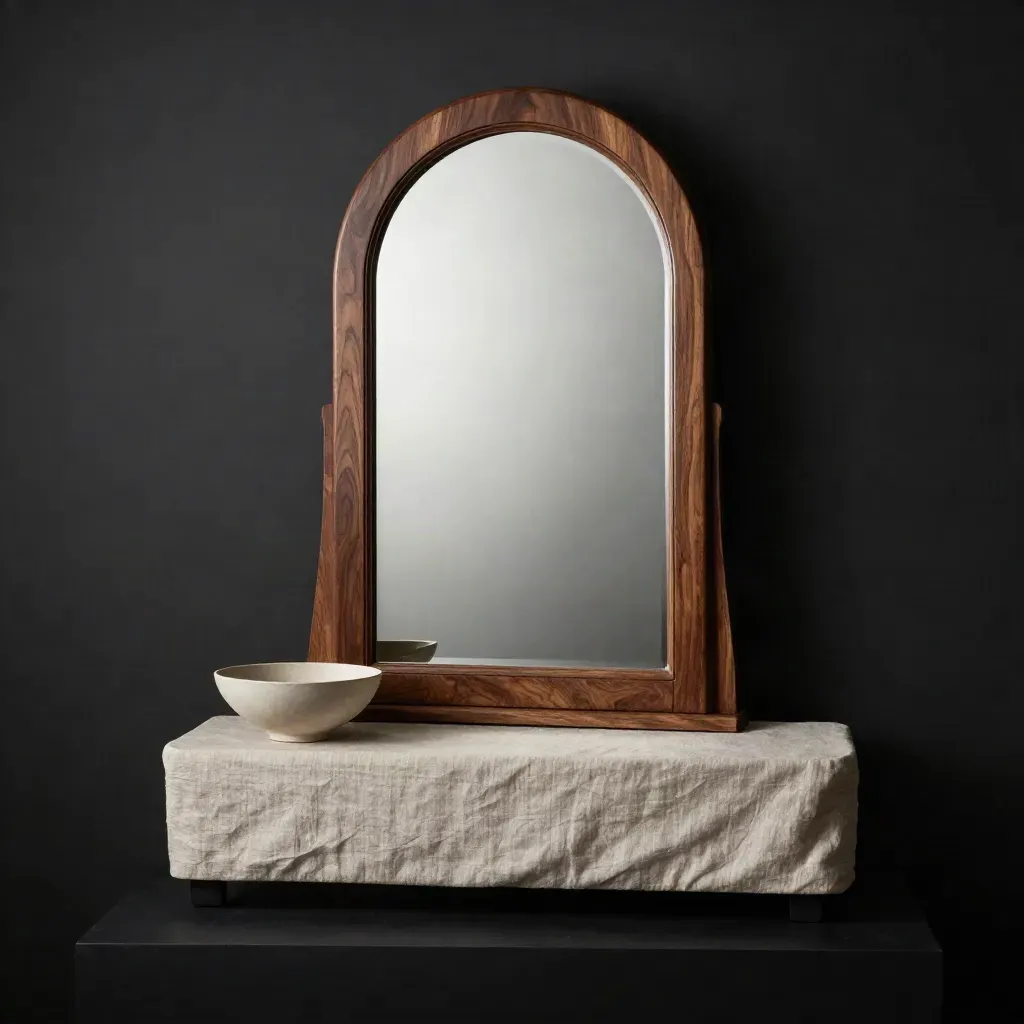 Specchio ad arco in noce con consolle in lino chiaro e ciotola ceramica, luce drammatica.