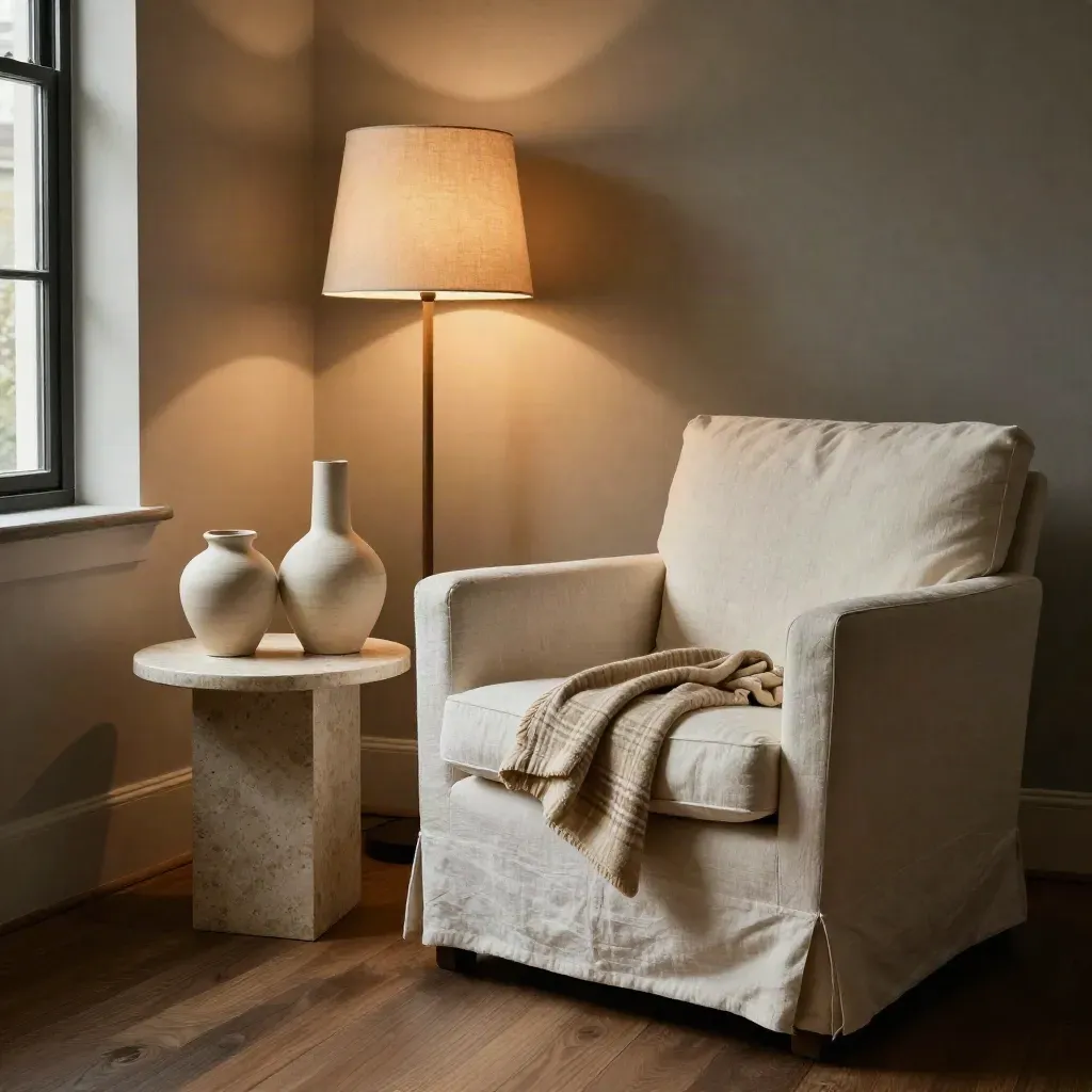 Angolo living elegante con poltrona in lino, ceramiche neutre, plaid e lampada morbida